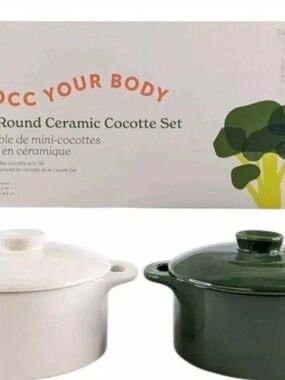 “Brocc Your Body” Mini Round Ceramic Cocotte Set of 2. Green & White Soup NIB